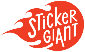 Sticker Giant logo: a red flame shape containing the company name in white