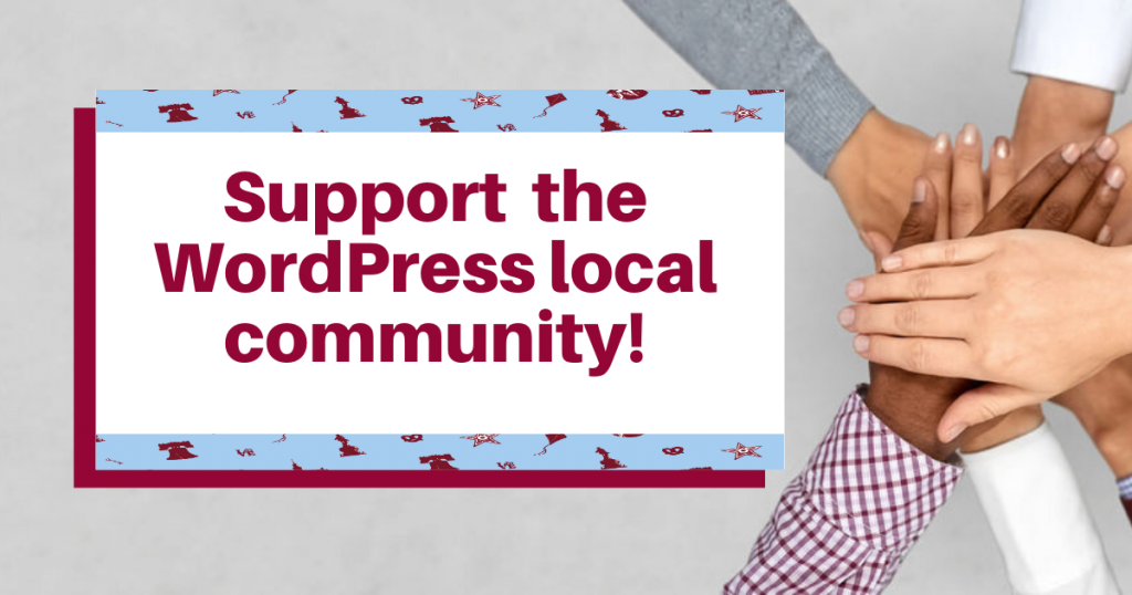 'Support the WordPress local community' with group of hands gathered for a team cheer